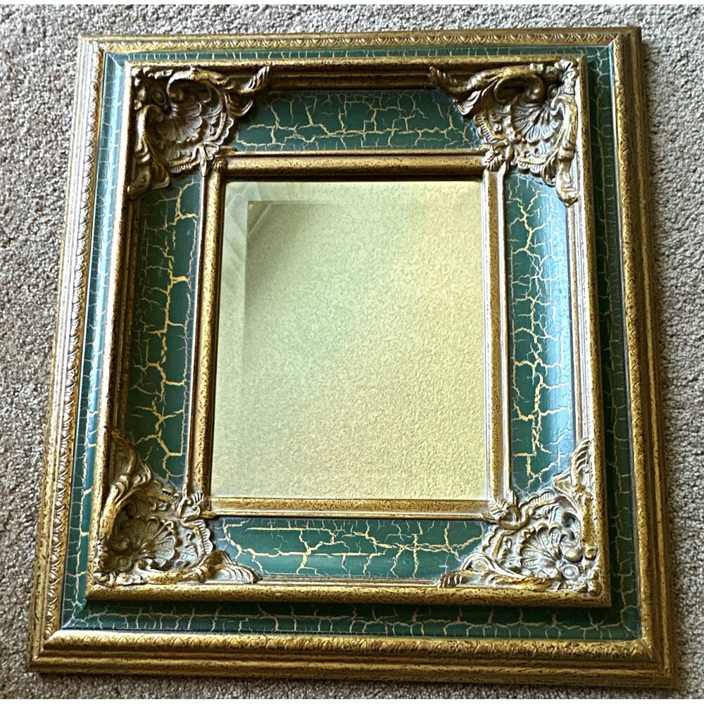 Vintage Hollywood Reg. Accent Wall Mirror Solid Wood Green & Gold Crackle Finish